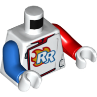 Lego Torso, Odd Arms, Race Jacket with Red Trim, Flaming 'RR' Print, Left Red Arm, Right Blue Arm, White Hands / White