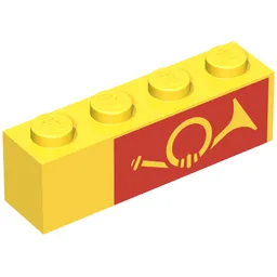 Brick 1 x 4 with Horn on Red Background Print, Right Side / Yellow