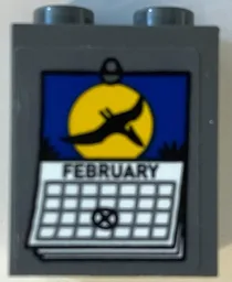 Slope 65 2 x 2 x 2 with Bottom Tube with White 'FEBRUARY' Calendar Page, Black Pteranodon and Yellow Moon Pattern (Sticker) - Set 75941