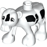Lego Duplo Animal Cow Baby (Calf) Front Leg Forward with Black Spots, Rectangle Eyes Print / White