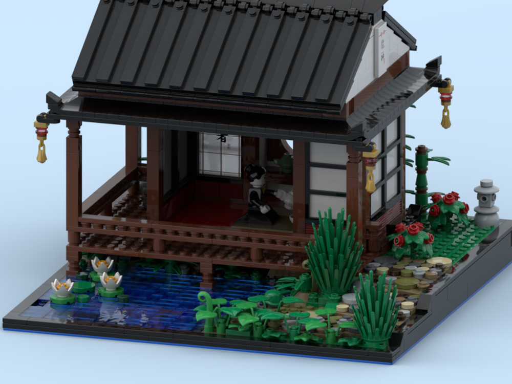 Lego Japanese tea house on a pond.