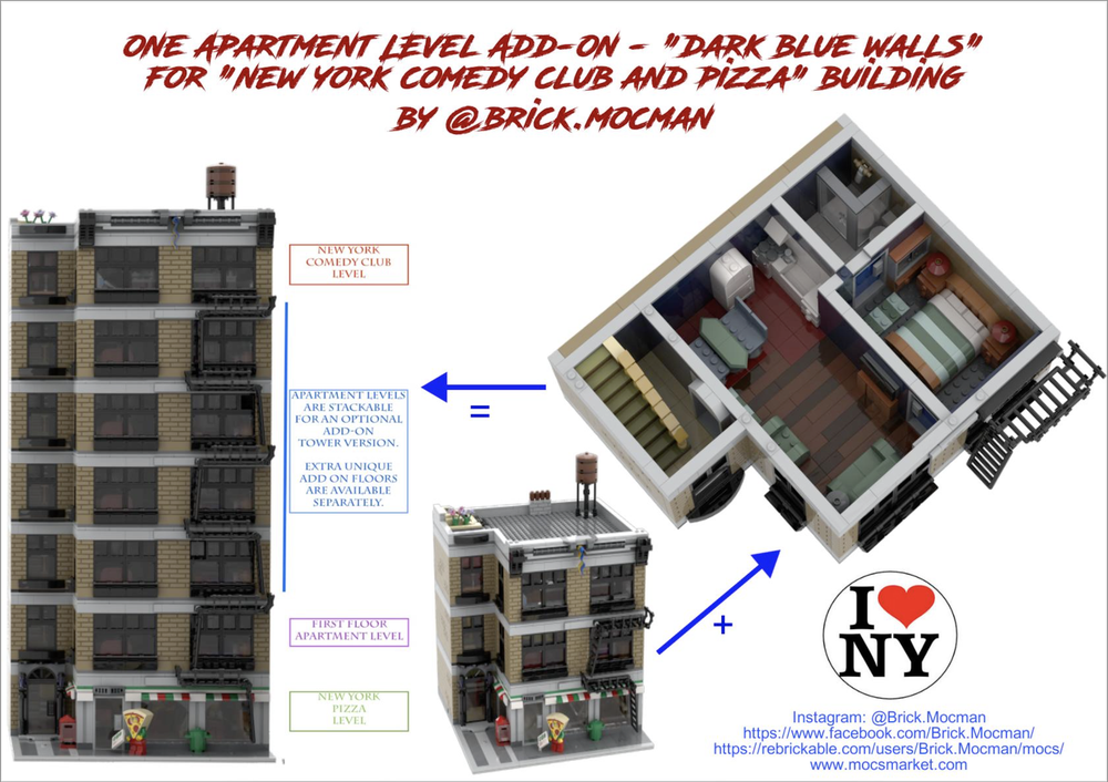 Lego Apartment Add-on - Dark Blue (Expansion NY Pizza and Jerry's Comedy Club Modular Building)