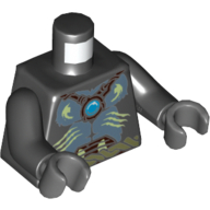 Lego Torso Bare Gray Chest, Rope Belt, Yellowish Green Markings with Blue Chi Jewel Print, Black Arms, Dark Bluish Gray Hands / Black