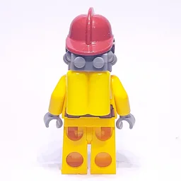 Fireman, Bright Light Orange Fire Suit, Dark Red Helmet, Breathing Apparatus, Airtanks