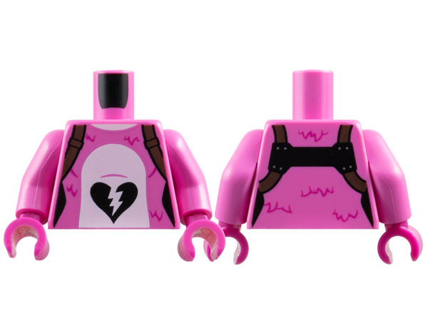 Lego Torso Female Bear Costume with Dark Brown Shoulder Straps, Magenta Fur and Black Broken Heart in White Stomach Pattern / Dark Pink Arms / Magenta Hands