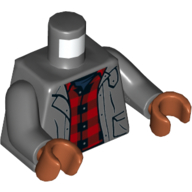 Lego Torso Jacket, Open over Red Plaid Shirt Print, Dark Bluish Gray Arms, Dark Orange Hands / Dark Bluish Gray