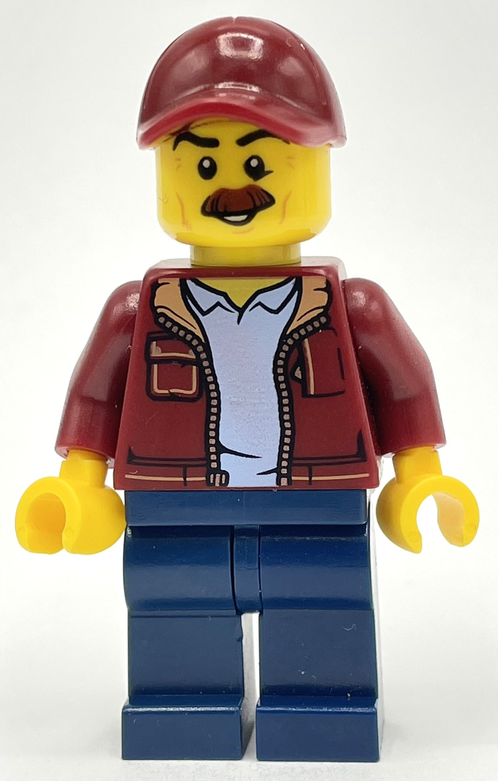Lego Man, Open Dark Red Jacket, Dark Blue Legs, Dark Red Cap, Moustache