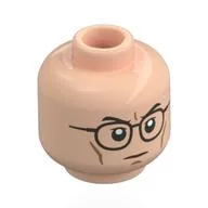 Minifig Head Walter Skinner, Black Eyebrows, Black Glasses, Angry Frown / Light Nougat