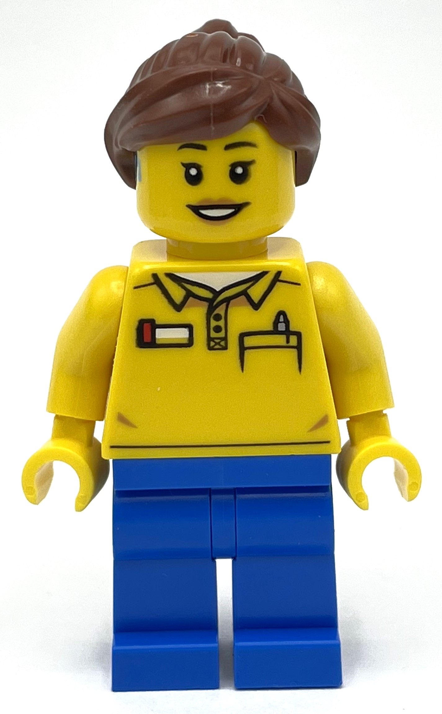 LEGO Employee, Yellow Torso, Blue Legs, Reddish Brown