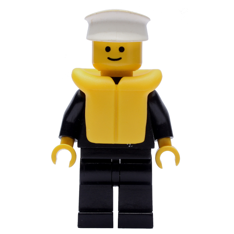 Lego Policeman, Black Jacket with Zipper and Badge, White Hat, Yellow Life Vest