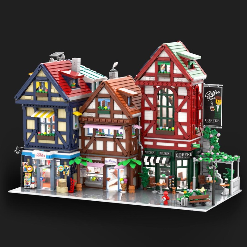 Lego Terraced Half Timbered House with Comic Store, Ice Cream Shop and Coffee House