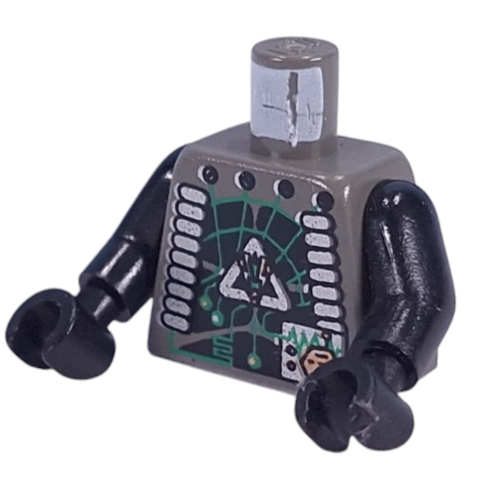 Lego Torso Insectoids Green Circuitry, Silver Hose on Sides Print, Black Arms and Hands / Dark Gray