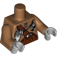 Lego Torso Leather Shirt with Reddish Brown Overalls and Feathers and Tail Print, Medium Nougat Arms, Light Bluish Gray Hands / Medium Nougat