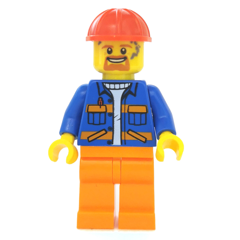 Lego Construction Worker, Blue Jacket with Orange Stripes, Orange Legs, Red Hard Hat, Goatee Beard and Dirty