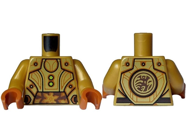 Lego Torso Armor with Gold Plates, Black Outline, Lime Buttons and Dark Orange Highlights, Medium Brown Circle with Ninjago Logogram 'T OF S' on Back Pattern / Pearl Gold Arms / Dark Orange Hands