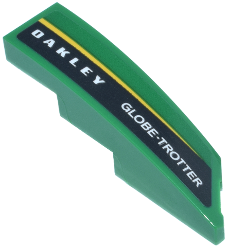 Lego Wedge 4 x 1 Left with White 'OAKLEY' and 'GLOBE-TROTTER' Logo and Yellow Stripe Pattern (Sticker) - Set 76925