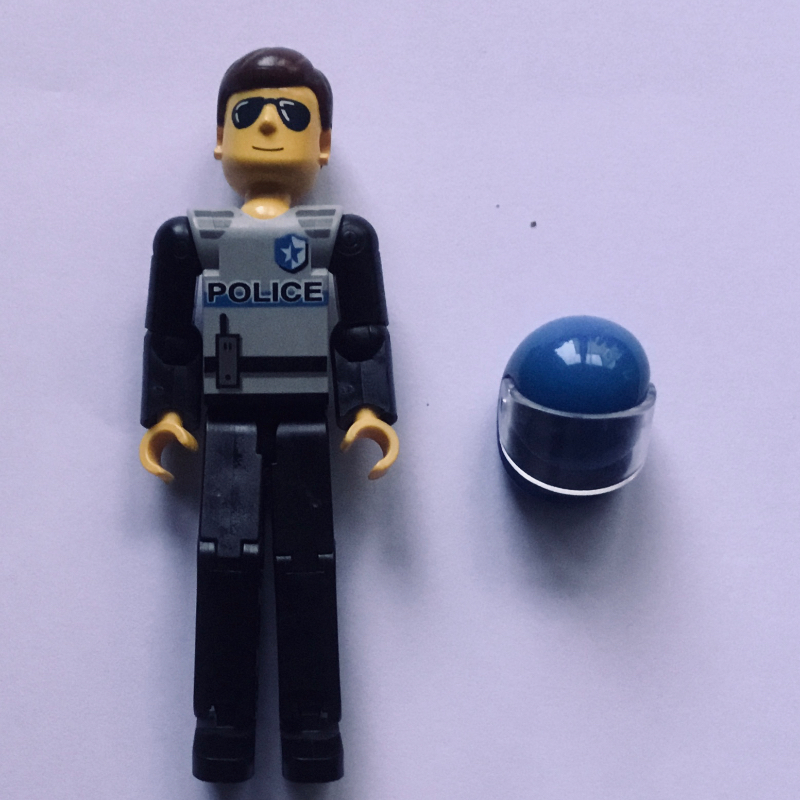 Lego Technic Figure Black Legs, Light Gray Top with Police Print, Black Arms, Blue Helmet