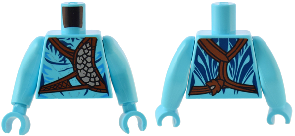 Lego Torso Na'vi with Dark Blue Markings, Reddish Brown Strap and Silver Belt, and Silver Spots Pattern / Medium Azure Arms Long / Medium Azure Hands