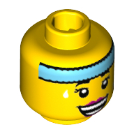 Lego Minifig Head Dance Instructor, Dark Azure Headband, White Sweat Drops, Open Smile with Magenta Lips Print [Hollow Stud] / Yellow