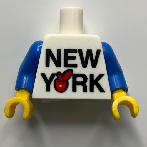 Lego Torso with New York Red Apple Print, Blue Arms, Yellow Hands / White