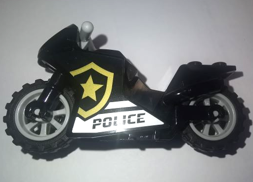 Lego Motorcycle Sport Bike with Black Frame, Light Bluish Gray Wheels and Light Bluish Gray Handlebars with 'POLICE', White Stripes, and Gold Star Badge Logo Pattern on Both Sides (Stickers) - Set 60276