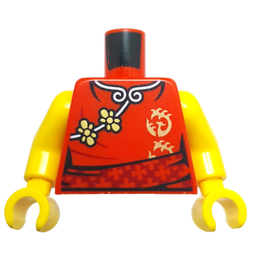 Lego Torso, Tunic, White Trim, Gold Flowers, Symbols, Dark Red Sash print, Yellow Arms and Hands / Red