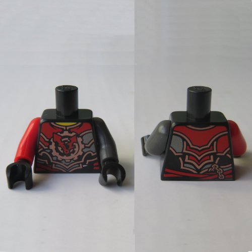 Lego Torso, Odd Arms, Armor with Red and Copper Plates, Gear with Clock Hands Print, Left Pearl Titanium Arm, Right Red Arm, Black Hands / Black