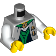 Lego Torso Robe with Green Sash, Asian Characters and Gold Snake Emblem Print, White Arms, Yellow Hands / Light Bluish Gray