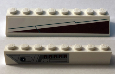Lego Slope 45 2 x 8 with Red and White Triangle and Silver and Black Cockpit Controls Pattern Model Right Side (Stickers) - Set 10215