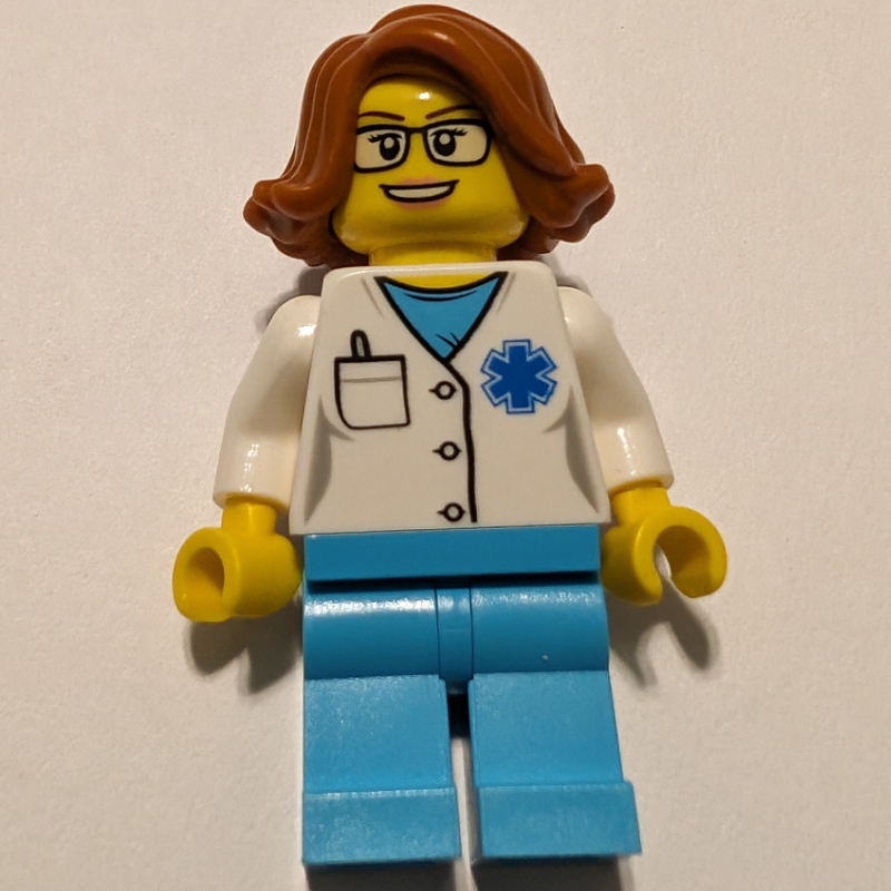 Lego Doctor Grey, Woman, White Shirt over Medium Azure Scrubs with Star of Life and Pocket, Dark Orange Hair, Glasses