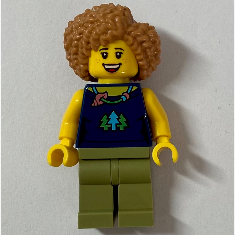 Lego Woman, Dark Blue Top, Olive Green Legs, Medium Nougat Hair