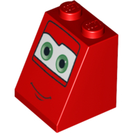 Lego Brick Sloped 65° 2 x 2 x 2 with Bottom Tube and Eyes, Green on White Background and Smile Print 2 / Red