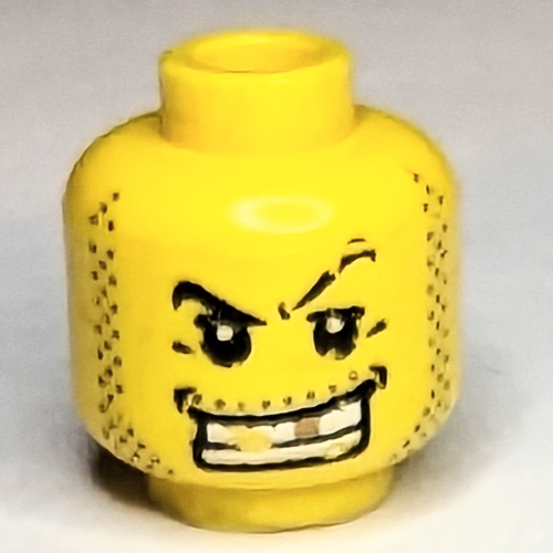 Lego Minifig Head Criminal, Arched Eyebrow, White Teeth with Gold Tooth, Fine Stubble and Line under Mouth Print / Yellow