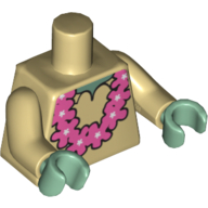 Lego Torso Shirt with Sand Green Neck and Pink Lei Print, Tan Arms, Sand Green Hands / Tan