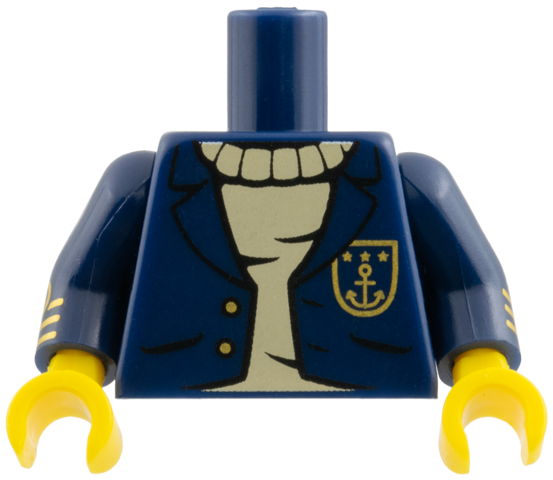 Lego Torso Jacket Open with Gold Buttons and Anchor over Tan Sweater Pattern / Dark Blue Arms with Gold Stripes / Yellow Hands