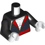 Lego Torso, Jacket, Red Collar, Belt, Dark Blue Pockets, White Bare Chest print, Black Arms, White Hands / Black