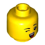 Minifig Head Mei, Peach Lips, Dark Turquoise Device on Left Eye / Winking Right Eye Print / Yellow