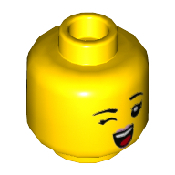Lego Minifig Head Mei, Peach Lips, Dark Turquoise Device on Left Eye / Winking Right Eye Print / Yellow