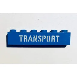 Brick 1 x 6 with 'TRANSPORT' Stencil White Print / Blue