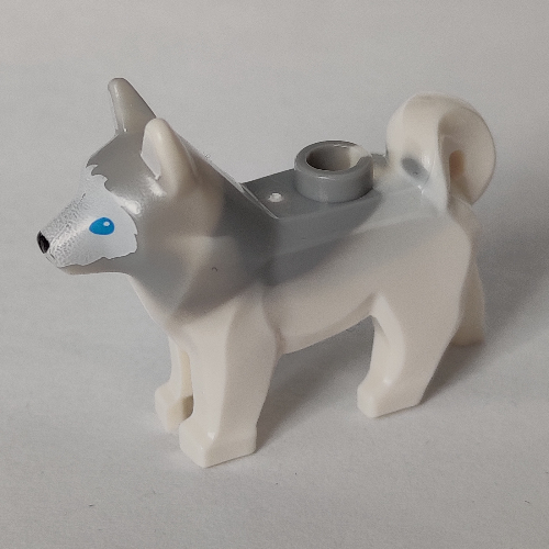 Lego Animal, Dog, Husky with Blue Eyes, Black Nose Print and Marbled Light Bluish Gray Ears and Back Pattern / White
