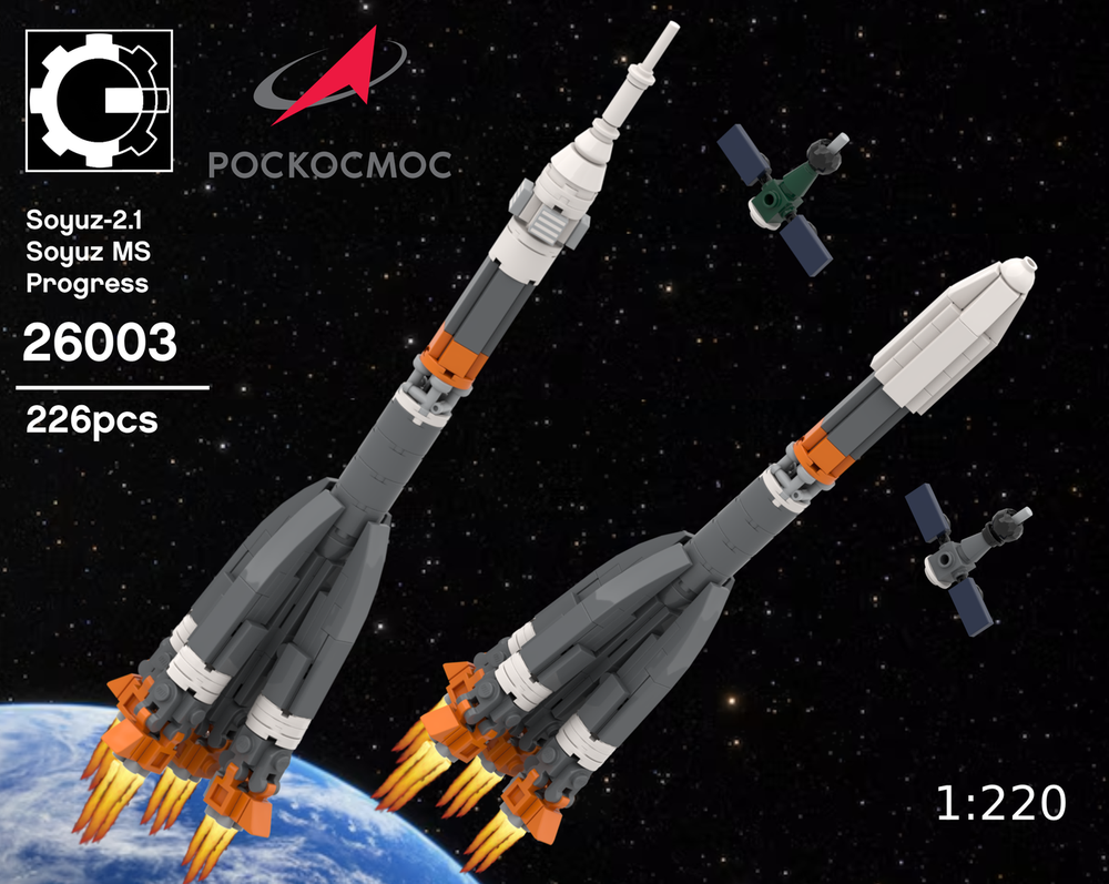 Lego Soyuz 2 rocket, Soyuz MS and Progress | 1:220 scale