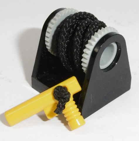 Lego String Reel 2 x 2 Holder with Light Bluish Gray Drum with Black String Medium 38L and Yellow Hose Nozzle Elaborate (2584 / 2585 / x77cc30 / 60849)