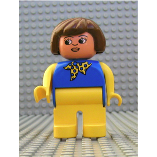 Lego Duplo Figure, Early, Hair Bob Brown, Yellow Legs, Yellow Scarf with Blue Dots, Yellow Arms, White Eyes Print / Blue