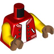 Lego Torso, Jacket, White Trim, White Shirt print, Yellow Arms, Medium Nougat Hands / Red