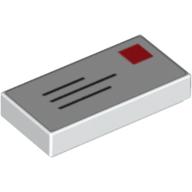 Lego Tile 1 x 2 with Mail Envelope, Letter, Address and Red Stamp Print / White