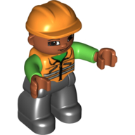 Lego Duplo Figure with Construction Helmet Orange, with Orange Vest over Green Shirt, Medium Nougat Face and Hands, and Black Legs / Orange