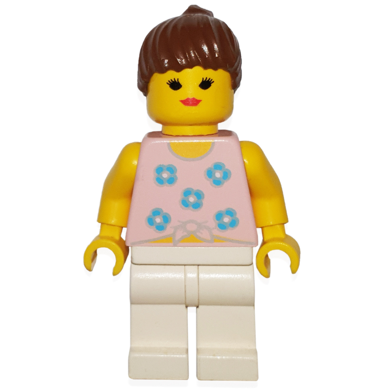 Lego Woman, Tied Pink Tank Top with Flowers, White Legs, Black Hair