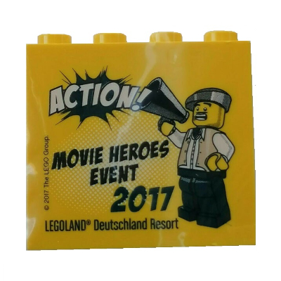 Lego Brick 2 x 4 x 3 with 'LEGOLAND Deutschland Resort ACTION! MOVIE HEROES EVENT 2017' Print / Yellow