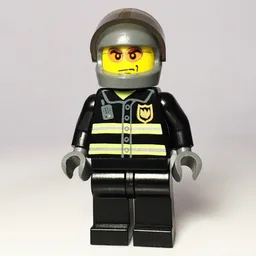 Fireman, Black Fire Jacket with Reflective Stripes, Radio, and Badge, Dark Bluish Gray Helmet with Visor, Orange Sunglasses