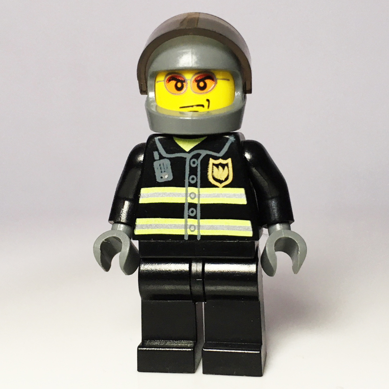 Lego Fireman, Black Fire Jacket with Reflective Stripes, Radio, and Badge, Dark Bluish Gray Helmet with Visor, Orange Sunglasses